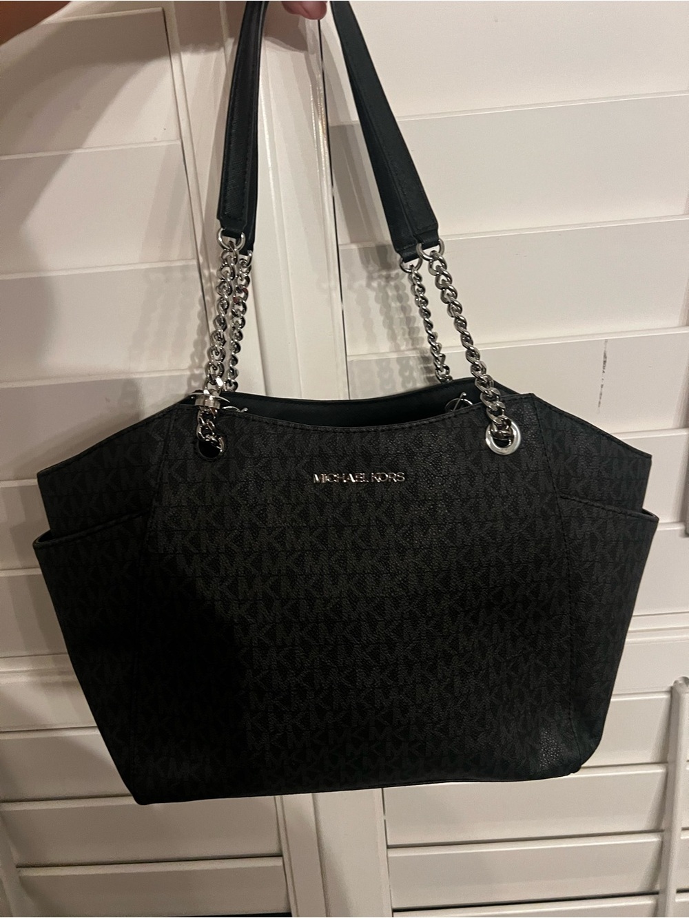 Michael Kors Jet Set Travel Large Chain Shoulder Tote Bag - Black Signature Logo